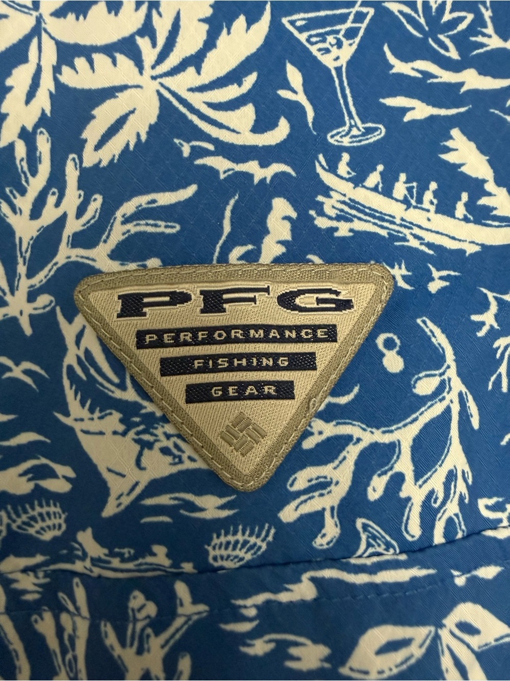 Columbia PFG Fishing Shirt XL Blue Tropical Print Button Up Vented - Picture 11 of 12
